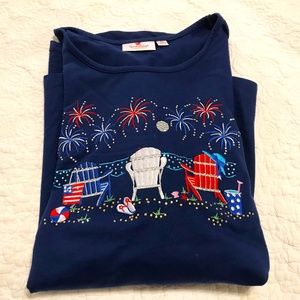 QF navy blue long sleeve shirt embroidered beach scene with fireworks (2X)